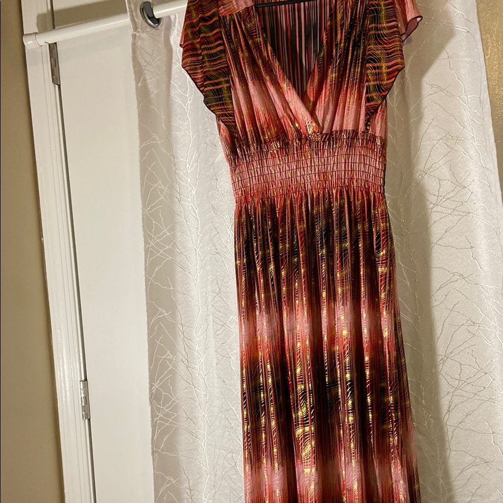 Orange and Pink Maxi Dress with V-Neck and Flutter Sleeves